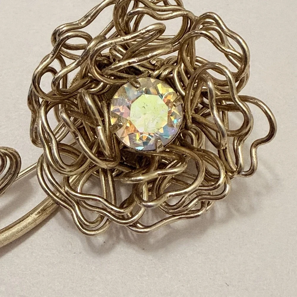 Vintage Brooch MCM Flower Heart Aurora Borealis Rhinestone Fashion Gold Large 3